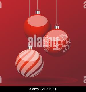 Biglietto di Natale rosso con palle di Natale. Design di banner. Buon natale e felice anno nuovo Illustrazione Vettoriale