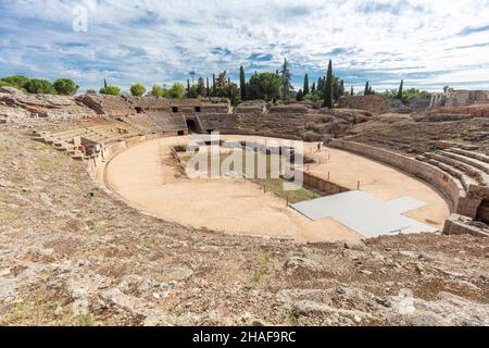 Rovine romane teatro di Merida, Badajoz, Spagna. Foto Stock