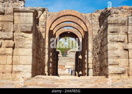 Rovine romane teatro di Merida, Badajoz, Spagna. Foto Stock