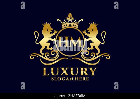 HM Letter Lion Royal Luxury Logo template in Vector art per progetti di branding di lusso e altre illustrazioni vettoriali. Illustrazione Vettoriale