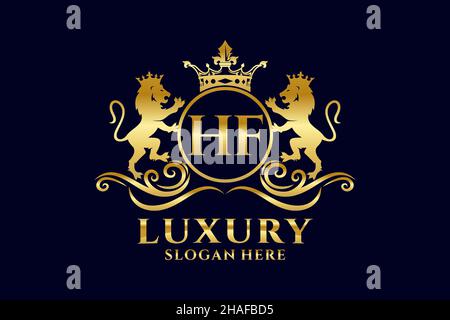 Modello di logo HF Letter Lion Royal Luxury in Vector art per progetti di branding di lusso e altre illustrazioni vettoriali. Illustrazione Vettoriale