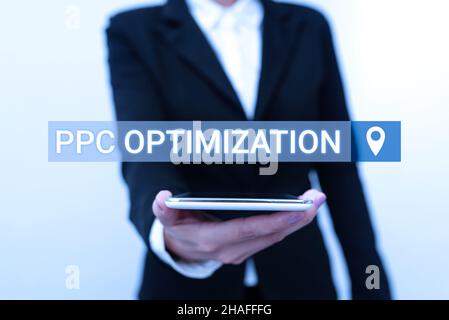 Didascalia di testo che presenta ottimizzazione PPC. Concetto significato miglioramento della piattaforma di Search Engine per la paga per scatto che presenta le nuove idee di tecnologia Foto Stock