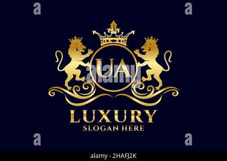 Modello di logo UA Letter Lion Royal Luxury in Vector art per progetti di branding di lusso e altre illustrazioni vettoriali. Illustrazione Vettoriale