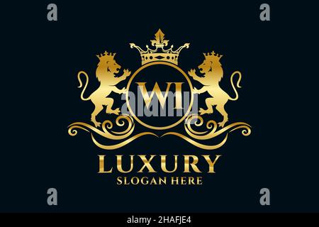 MODELLO DI logo WI Letter Lion Royal Luxury in Vector art per progetti di branding di lusso e altre illustrazioni vettoriali. Illustrazione Vettoriale