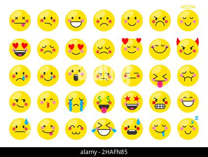Emoji faccia emoticon mood web badge giallo piatto set. Allegre e tristi emozioni del sito web social network Messenger. Espressione di tristezza gioia rabbia amore cute forma rotonda chat adesivo isolato su bianco Illustrazione Vettoriale