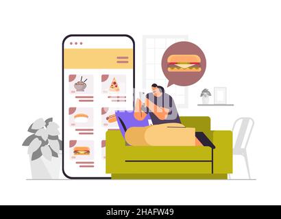 donna che ordina e acquista cibo con l'app mobile sullo schermo dello smartphone online shopping fast food online shop Illustrazione Vettoriale