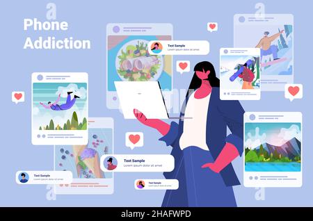 donna blogger condividere foto ai social network ragazza fare post per i follower social media addiction concetto Illustrazione Vettoriale