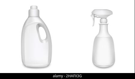 Bottiglie di plastica per prodotti chimici, detergenti, sapone e detergenti domestici. Mockup vettoriale realistico di 3D contenitori bianchi con detergente e spray isolato su sfondo bianco Illustrazione Vettoriale