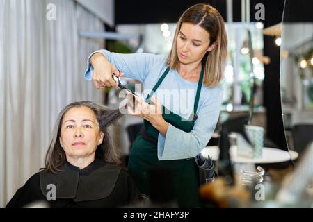 Donna focalizzata giovane parrucchiere taglio capelli di anziana femmina cliente con forbici in moderno parrucchiere. Foto Stock