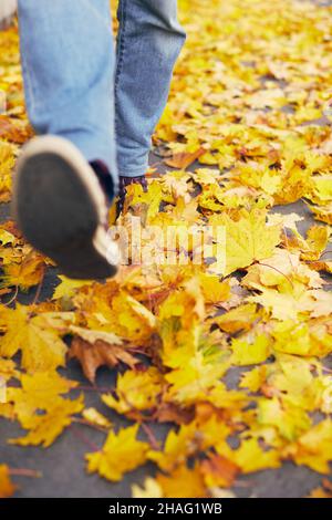 Un uomo in sneakers cammina sul fogliame giallo autunno in città. Foto Stock