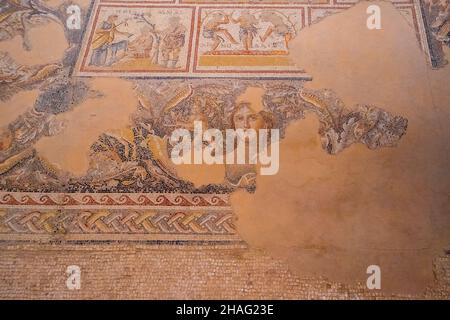 Dettagli della Monna Lisa della Galilea ritratto una scena dal matrimonio di Dioniso e Ariadne AKA Dioniso Mosaico, sul pavimento della Villa Romana Foto Stock