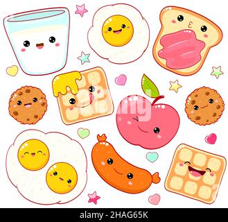 Orario della colazione. Set di icone di cibo carino in stile kawaii per il design dolce. Latte, mela, biscotti con patatine di cioccolato, salsiccia, uova strapazzate, waffle con Illustrazione Vettoriale