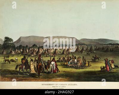 Accampamento di indiani Piekann vicino a Fort McKenzie sul fiume Muscleshell. Di Karl Bodmer (1809-1893) dal libro ' Storia delle tribù indiane di Foto Stock