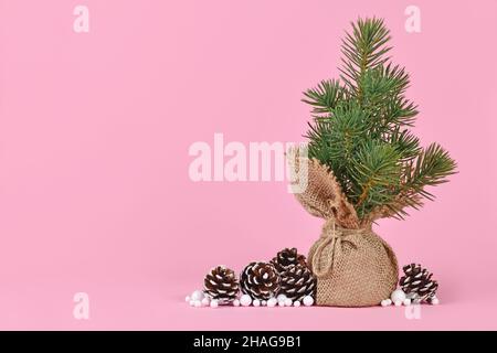 Piccolo albero di natale in borsa di iuta accanto a per cono e palle di neve su sfondo rosa con spazio copia Foto Stock
