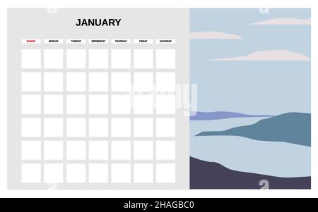 Calendario Planner mese invernale di gennaio. Minimo astratto paesaggio contemporaneo sfondo naturale. Modello mensile per attività di agenda. Vettore Illustrazione Vettoriale