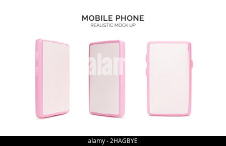 Cellulare realistico simulazione. 3d rendering dello smartphone. Modello di telefono rosa con schermo vuoto isolato su sfondo bianco. Illustrazione vettoriale Illustrazione Vettoriale