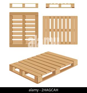 Set di icone pallet. Illustrazione vettoriale in design piatto. Vista frontale e angolare pallet in legno Illustrazione Vettoriale