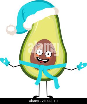 Avocado Santa personaggio con felice emozione, viso gioioso, occhi sorridenti, braccia e gambe con sciarpa e mitrens. Persona vegetale con espressione, frutta verde per Natale e Capodanno. Illustrazione vettoriale Illustrazione Vettoriale