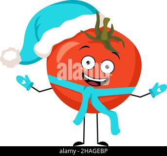 Tomato Babbo Natale con felice emozione, viso gioioso, occhi sorridenti, braccia e gambe con sciarpa e guanti. Persona vegetale con espressione, frutta rossa per Natale e Capodanno. Illustrazione vettoriale Illustrazione Vettoriale