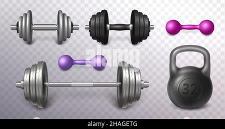 Set di barbell in metallo, kettlebell nero e manubri caricabili illustrazione vettoriale realistica. Attrezzi sportivi per il fitness per l'allenamento con sollevamento pesi. Attrezzi di sollevamento o attrezzature da palestra per l'allenamento di resistenza. Illustrazione Vettoriale