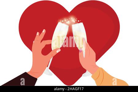 La mano di un uomo e di una donna tiene un bicchiere di champagne sullo sfondo di un cuore. Illustrazione Vettoriale