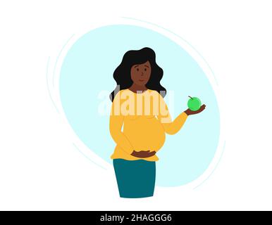 Gravidanza alimentazione sana. Donna afroamericana incinta che tiene la mela in mano. Donna in piedi, sorridendo e andando a mangiare. Illustrazione piatta vettoriale Illustrazione Vettoriale