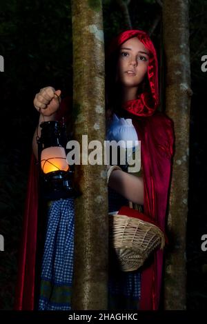 Little Red Riding Hood in piedi dietro due alberi tenendo la sua lanterna in su come lei guarda nella Foresta Nera della Germania. Foto Stock