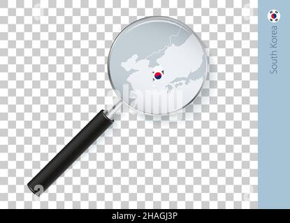 Mappa della Corea del Sud con bandiera in lente di ingrandimento su sfondo trasparente. Lope vettoriale con mappa. Illustrazione Vettoriale