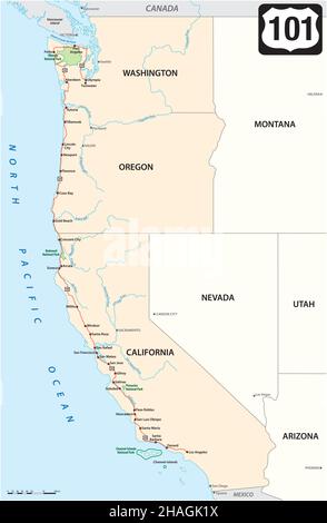 Mappa vettoriale della US Highway 101 sulla costa occidentale degli Stati Uniti Illustrazione Vettoriale