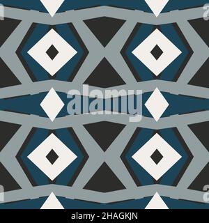 Mattonella geometrica etnia patchwork ripetizione senza giunture disegno vettoriale nero bianco blu colori moda astratto linee grafico disegno sfondo S Illustrazione Vettoriale