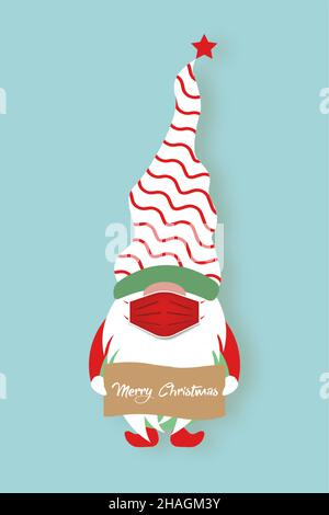 Natale Gnome con maschera chirurgica. Cute Scandinavian Nordic Babbo Natale Elf, protezione da coronavirus. Illustrazione vettoriale isolata su sfondo blu. Illustrazione Vettoriale