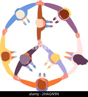Popoli in pace simbolo. Cerchio di sostegno abbraccio, stile di vita dell'uomo e cooperazione. Amici lavoro di squadra o gruppo di comunità, società moderna e diversificata, utter Illustrazione Vettoriale