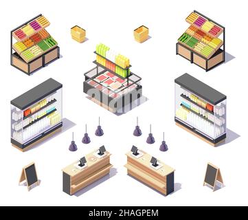 Vector isometric supermercato frutta e verdura vetrina mobili, gondola frigorifero per carne, scaffale prodotti lattiero-caseari Illustrazione Vettoriale