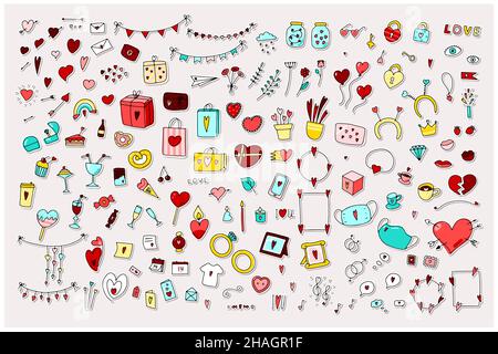 Set adesivi Doodle Valentines Day. Simboli d'amore disegnati a mano isolati su sfondo bianco. Carino biglietto d'auguri, busta, regalo, accessori con cuore. Illustrazione Vettoriale