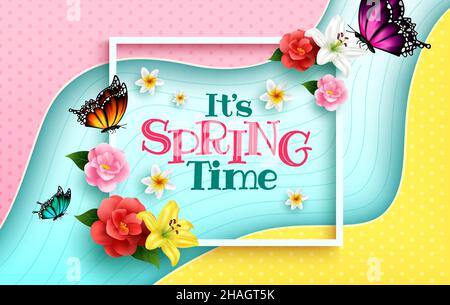 Design vettoriale in primavera. E 'il testo primavera in cornice bianca e sfondo colorato motivo con fiori e farfalle per la stagione di fioritura. Illustrazione Vettoriale