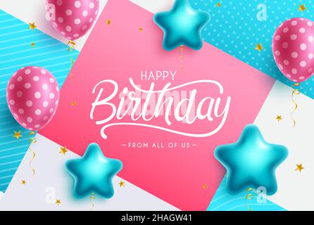 Disegno vettoriale biglietto di auguri di compleanno. Felice testo tipografico di compleanno in creativo modello quadrato con stelle palloncini ed elemento di motivi. Illustrazione Vettoriale