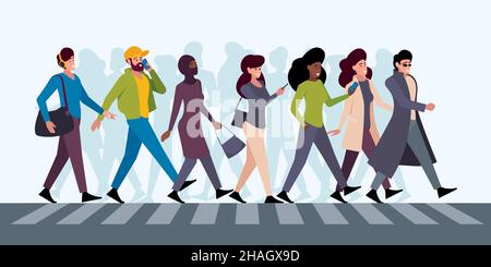 Attraversamento di persone su strada. Folla a piedi in città persone urbane uomini e donne coppie garish vettore esterno illustrazioni in stile cartone animato Illustrazione Vettoriale