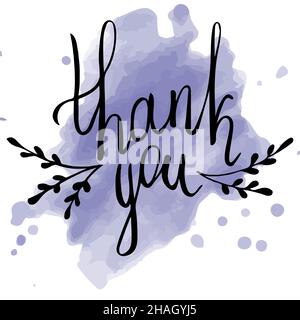 Cartolina di ringraziamento disegnata a mano. Biglietto di auguri. Illustrazione dell'inchiostro su sfondo acquerello. Illustrazione Vettoriale