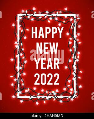 Poster felice anno nuovo 2022 con luci di natale. Volantini stagionali e biglietti d'auguri per le vacanze di Natale. Cornice di ghirlanda festiva. Illustrazione vettoriale Illustrazione Vettoriale