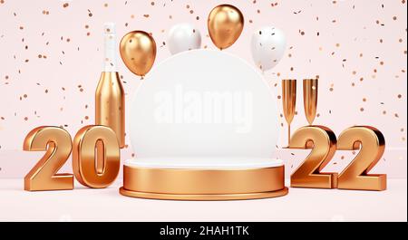 piattaforma da 2022 podio dorata con numeri dorati in metallo e materiale festivo per l'esposizione dei prodotti. Elegante piedistallo per la promozione di nuovo anno di marketing an Foto Stock