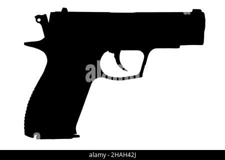 Immagine raffigurata di una pistola da combattimento nera su sfondo bianco isolato. Vista laterale in primo piano Foto Stock