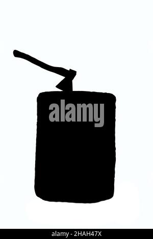 Illustrazione con un'immagine di contorno di un'ascia martellata in un grande ponte di legno su uno sfondo di taglio bianco Foto Stock