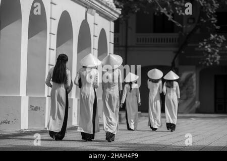 Dress Ao dai è stato a lungo un costume tradizionale e una caratteristica culturale tipica della nazione vietnamita. Attraverso ogni periodo di sviluppo di hist Foto Stock