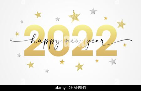 Felice anno nuovo 2022 parola scritta script. Stelle cadenti d'oro e d'argento con confetti. Sfondo banner di Natale. Illustrazione vettoriale Illustrazione Vettoriale