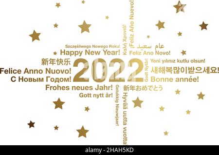 Felice anno nuovo 2022 in diverse lingue parola cloud biglietto d'auguri concetto Illustrazione Vettoriale