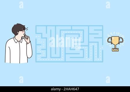 Un uomo d'affari pensivo cerca una soluzione per vincere un premio o un premio. Il brainstorm dei dipendenti dell'uomo è impegnato nel pensiero creativo per il raggiungimento o il successo dell'obiettivo o della grandine. Illustrazione vettoriale piatta. Illustrazione Vettoriale