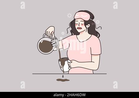 La giovane donna addormentata fa il caffè al mattino sente fatica dopo una notte insonne. Drowsy ragazza esausta bisogno di sonno rilassamento. Sveglia e esaurimento precoce. Stress e burnout. Illustrazione vettoriale. Illustrazione Vettoriale