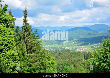 Vista panoramica dalla montagna al villaggio tra le montagne coperte di foresta estiva. Vista da lontano Foto Stock