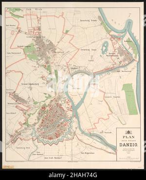 Danzica cartina, Danzica cartina, Vecchia Gdańsk cartina, Danzica Plan, Old Danzig Plan, retro Danzig mappa, Polonia mappa, Old Ddansk, Poland Stampa, 1908 Foto Stock