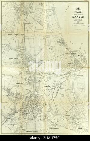 Danzica cartina, Danzica cartina, Vecchia Gdańsk cartina, Danzica Plan, Old Danzig Plan, retro Danzig mappa, Polonia mappa, Old Ddansk, Poland Stampa, 1920 Foto Stock
